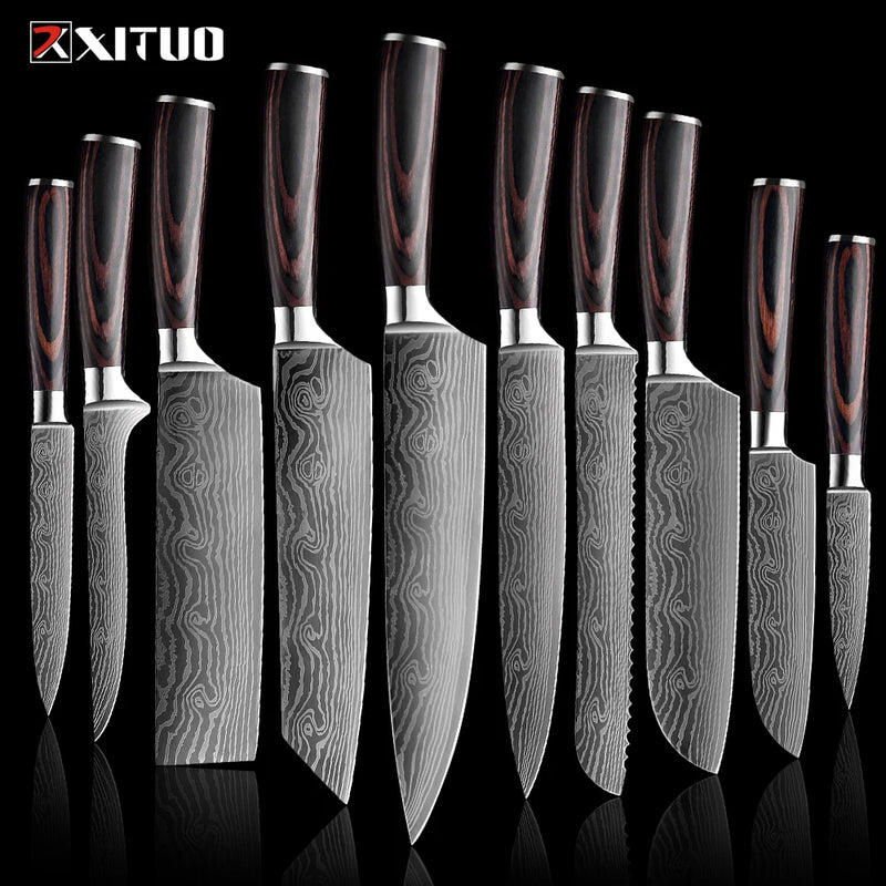 Conjunto de faca de cozinha premium afiada faca de chef japonesa faca santoku com padrão de damasco a laser cutelo de corte muito rápido 1-10 peças